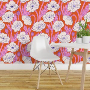 Poppy Flower Peel and Stick Wallpaper - Red Floral Poppies Blossom Botanical Petals - Removable Wall Decor Art - White Poppy by kondratya