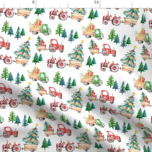 Christmas Tractor Fabric - Christmas Tractor Parade White By Hipkiddesigns - Christmas Tractor Cotton Fabric By The Yard With Spoonflower