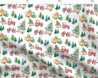 Christmas Tractor Fabric - Christmas Tractor Parade White By Hipkiddesigns - Christmas Tractor Cotton Fabric By The Yard With Spoonflower