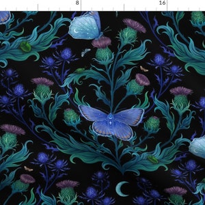 Art Nouveau Fabric - Dark Thistle by episodic_drawing - Moody Floral Witchy Thistle Insects Botany Magical Fabric by the Yard by Spoonflower