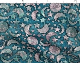 Moon + Stars Fabric - Crystal Moon Shine By Kociara - Moon Stars Celestial Space Sky Planets Blue Cotton Fabric By The Yard With Spoonflower
