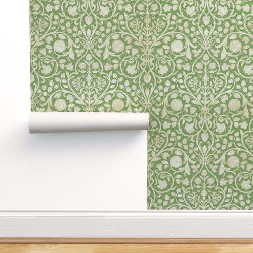 Green Damask Wallpaper Provence Spring Green by | Etsy