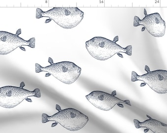 Puffer Fish Apparel Fabric - Navy Blowfish by eti_enne - Nautical Coastal Island Beach Summer Clothing Fabric by Spoonflower