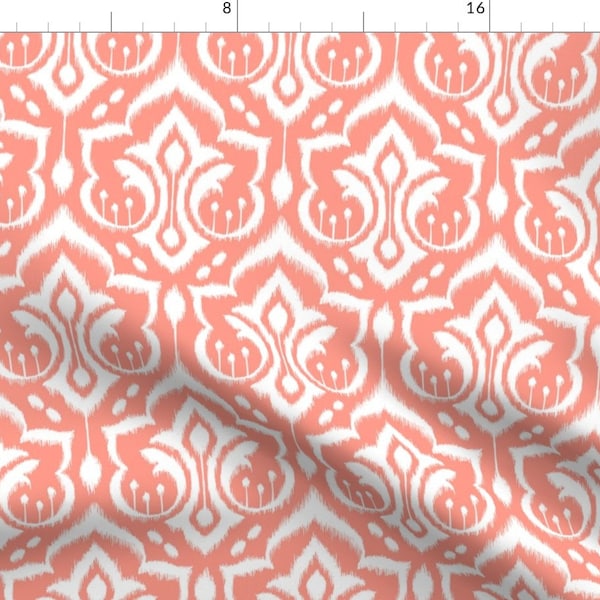 Damask Ikat Fabric - Ikat Damask - Peach Sorbet By Pattysloniger - Damask Ikat Coral White Modern Cotton Fabric By The Yard With Spoonflower