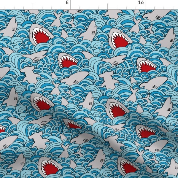 Shark Attack Fabric - Shark Attack By Momshoo - Summer Sharks Beach Decor Cotton Fabric By The Yard With Spoonflower