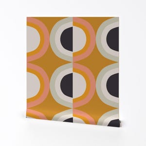 Retro Wallpaper - New Mid Mod Yellow By Bruxamagica - Mid Century Mustard Pink Circles Removable Self Adhesive Wallpaper Roll by Spoonflower