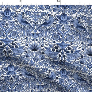 William Morris Fabric - Strawberry Thief Blue by peacoquettedesigns - Damask Victorian Classic Floral Fabric by the Yard by Spoonflower