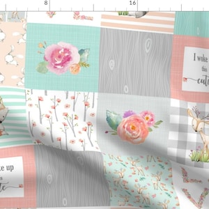 Pastel Woodland Fabric - Patchwork Woodland Animals Baby Girl Quilt Top By Gingerlous - Peach Cotton Fabric by the Yard with Spoonflower
