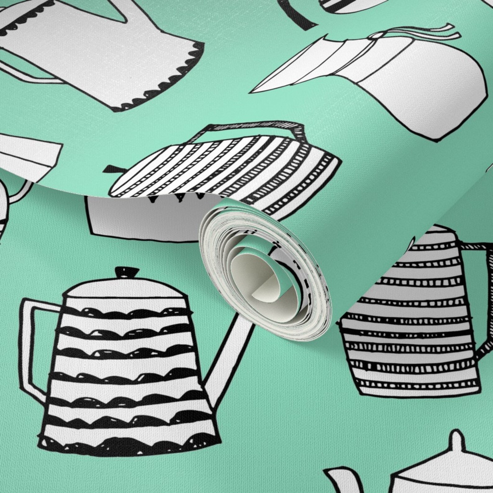 Teapot Wallpaper Coffee and Teapots Vintage Mint by Andrea - Etsy