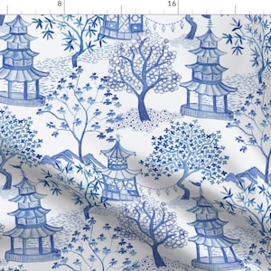 Pagoda Fabric - Pagoda Forest In Blues By Danika Herrick - Pagoda Chinoiserie Blue White Vintage Cotton Fabric By The Yard With Spoonflower