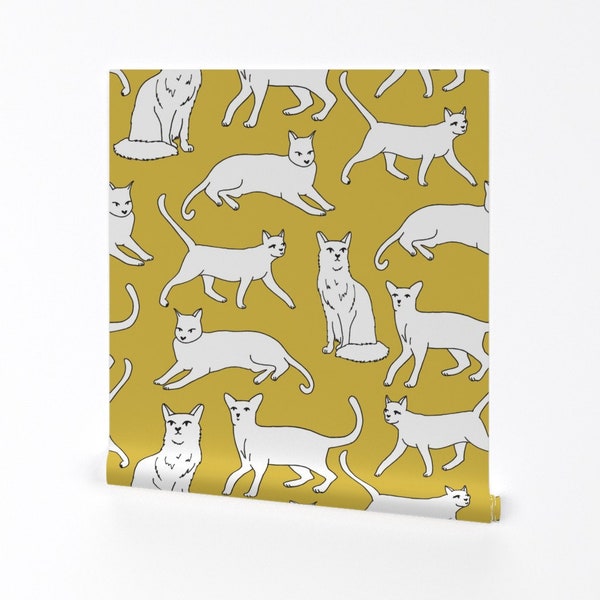 Cat Wallpaper - Cats Mustard Yellow By Andrea Lauren - Mustard White Custom Printed Removable Self Adhesive Wallpaper Roll by Spoonflower