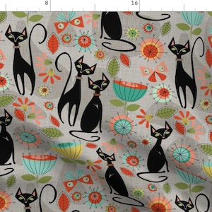 May include: A repeating pattern of black cats and stylized flowers in shades of orange, red, blue, green, and yellow on a light gray background.