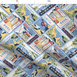 Cornwall Postcard Vacation Blue Fabric - Retro Cornwall Postcards By Abbilaura - Cornwall Cotton Fabric By The Yard With Spoonflower