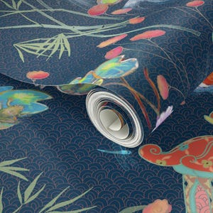 Japanese Wallpaper - Japanese Water Garden Navy By Designed By Debby - Custom Printed Removable Self Adhesive Wallpaper Roll by Spoonflower image 3