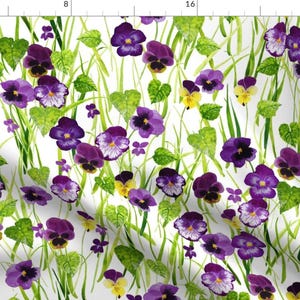Pansy Fabric - Pansies White By Katebillingsley Spring Flower Floral Botanical Purple Green Field-Cotton Fabric By The Yard With Spoonflower