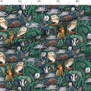 Nocturnal Animals Fabric - Moonlit Woodland Walks By Slumbermonkey - Owls Rabbit Opossum Badger Cotton Fabric By The Yard With Spoonflower image 2