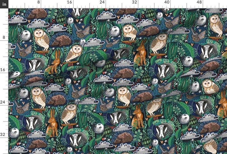 Nocturnal Animals Fabric - Moonlit Woodland Walks By Slumbermonkey - Owls Rabbit Opossum Badger Cotton Fabric By The Yard With Spoonflower image 2
