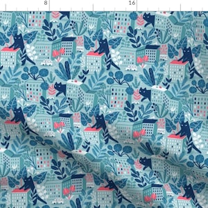 Funny Cats Fabric - Giant Cats In The City By Kostolom3000 - Blue Pink Floral Feline Kitten City Cotton Fabric By The Yard With Spoonflower