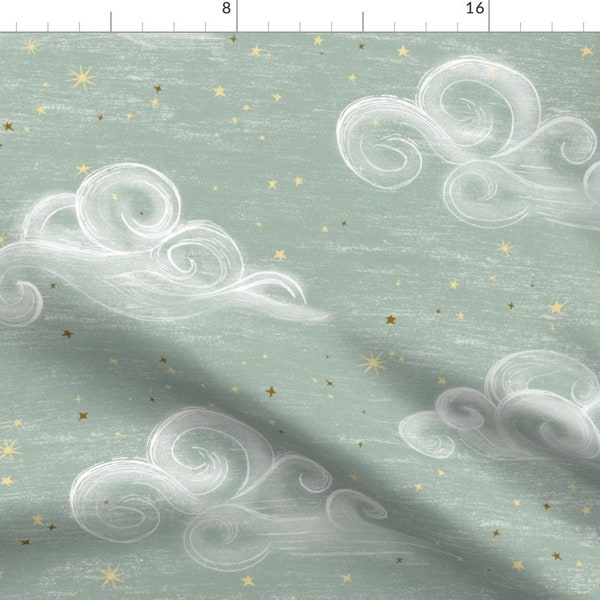 Whimsical Clouds Fabric - Clouds Mint Pastel by at_the_cottage - Hand-drawn Large Scale Pastel Nursery Fabric by the Yard by Spoonflower