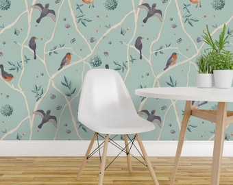 Nature Peel and Stick Wallpaper - Wildlife Birds Woodland Branches Tree Botanical - Removable Wall Decor Art - Winter Birds by soma_designs