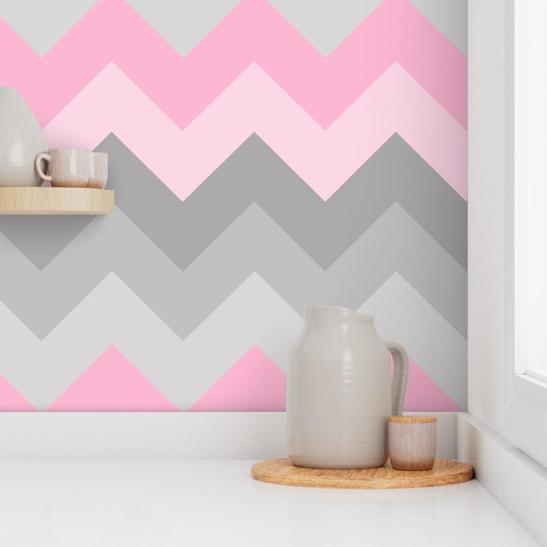 Pink Gray Wallpaper - Pink Gray Ombre Chevron Large By Decamp Studios - Custom Printed Removable Self Adhesive Wallpaper Roll by Spoonflower image 7