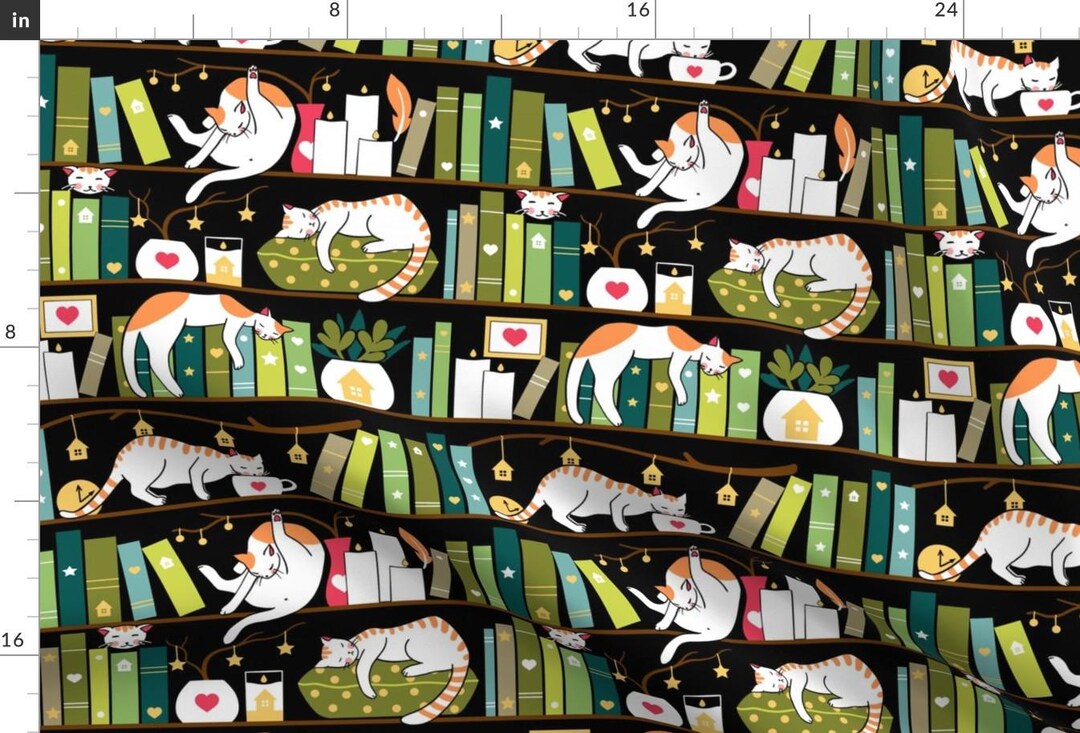 Library Cat Fabric - Library Cats by Elena Naylor - Cute Bookshelf ...
