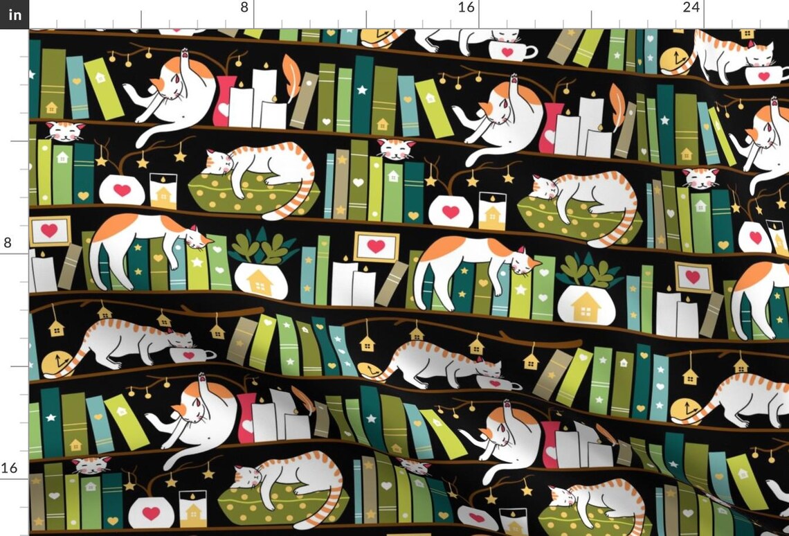 Library Cat Fabric - Library Cats by Elena Naylor - Cute Bookshelf ...