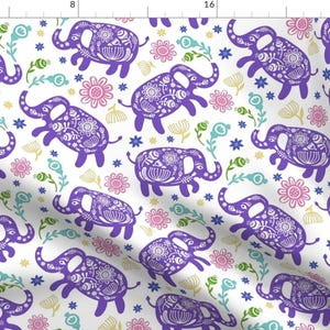 Purple Elephant Fabric - Pachyderms Posies In Purple By Pinkowlet - Purple Elephant Nursery Decor Cotton Fabric By The Yard With Spoonflower