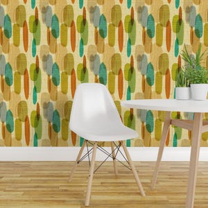 Tropical Mid Century Peel and Stick Wallpaper - Mid Mod 50s 60s Retro Vintage Ovals  - Removable Wall Decor Art - Crepe Leaves by theodesign