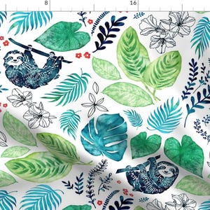 Watercolor Blue Sloths And Leaves Fabric - Sloth Jungle By Adenaj - Sloths Watercolor Pattern Cotton Fabric By The Yard With Spoonflower