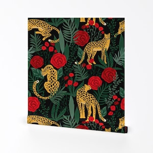 Maximalist Leopards Removable Peel and Stick Wallpaper - Jungle Botanical - Wall Art Wall Decor - Leopards And Roses by urban_lights