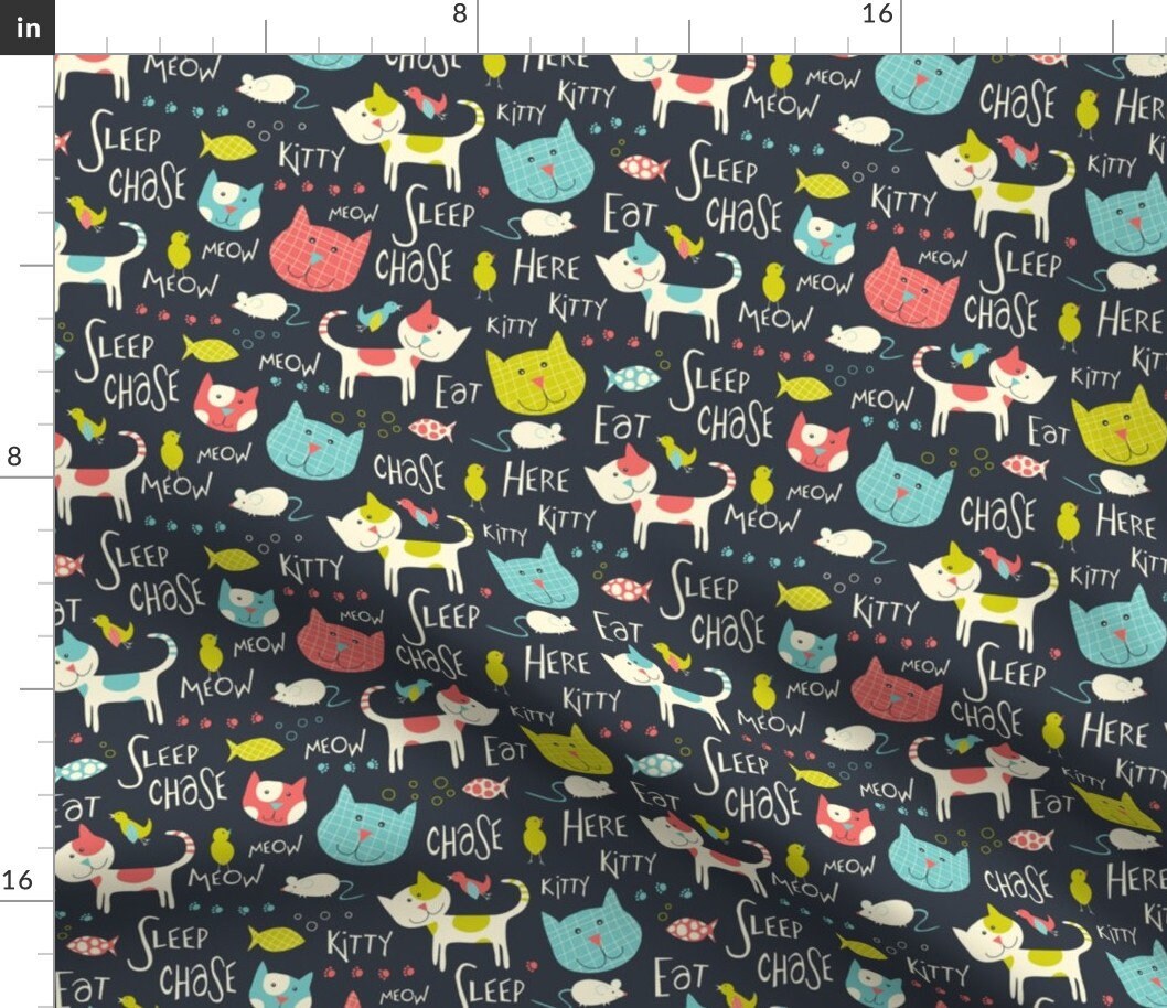 Cat Fabric Here Kitty Kitty Whimsical Cats Typography by