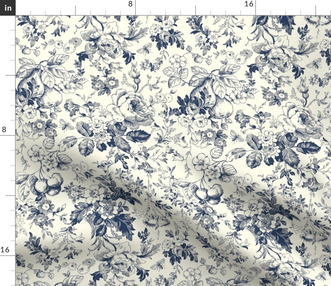 Toile Fabric-Blue Flowers