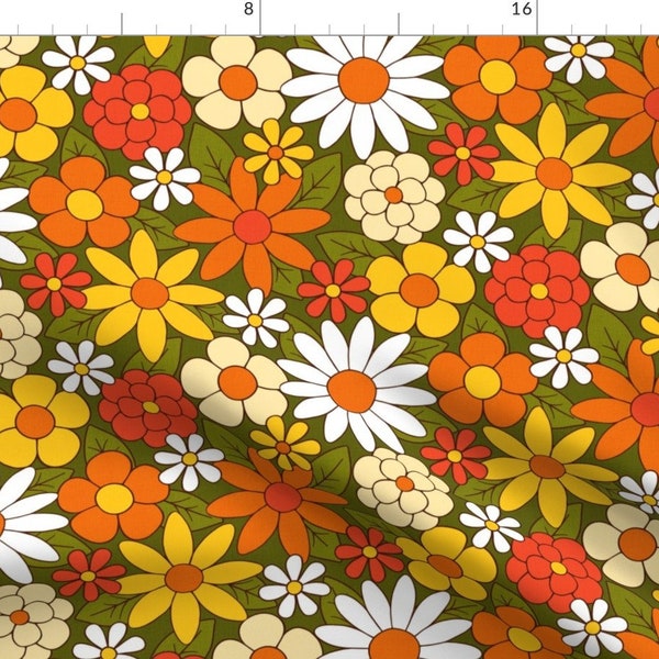 Retro Groovy Fabric - 60s-70s Mod Floral by mia_valdez -  Botanical Vintage Style Orange Yellow Flowers Fabric by the Yard by Spoonflower