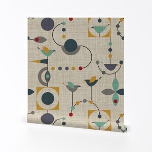 Mid Century Wallpaper - Birdland Geometric Larger By Vo Aka Virginiao - Custom Printed Removable Self Adhesive Wallpaper Roll by Spoonflower