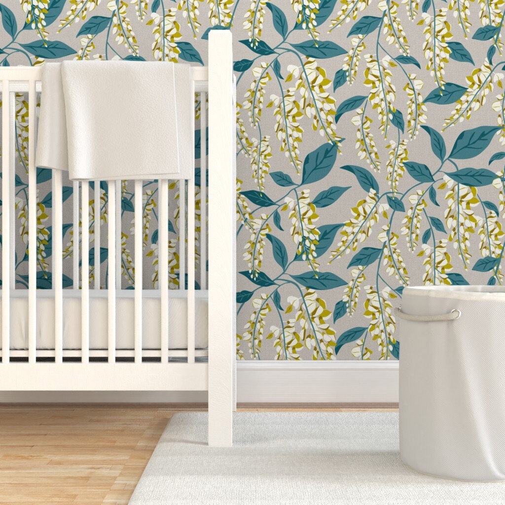 Floral Wallpaper Wisteria Vines Beige Teal Large by - Etsy