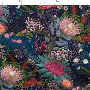 Australian Flora Fabric - Black Cockatoos Chintz 24” By Helenpdesigns - Aussie Flowers Garden Cotton Fabric By The Yard With Spoonflower