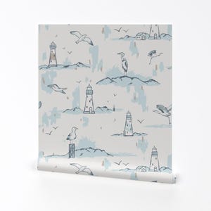 Coastal Kids Removable Peel and Stick Wallpaper - Nautical Beach Heron - Wall Art Wall Decor - Lighthouse Light by artbeat_illustrations