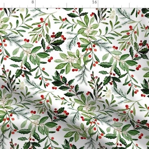Green Fabric - Mistletoe And Holly by hipkiddesigns -  Floral Winter Holiday Christmas Holly Fall Xmas Fabric by the Yard by Spoonflower