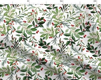 Green Fabric - Mistletoe And Holly by hipkiddesigns -  Floral Winter Holiday Christmas Holly Fall Xmas Fabric by the Yard by Spoonflower