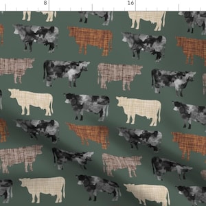 Green Cows Cattle Fabric - Watercolor Cows + Mocha, Caramel, 13-2 By Ivieclothco - Cows Farm Cotton Fabric By The Yard With Spoonflower