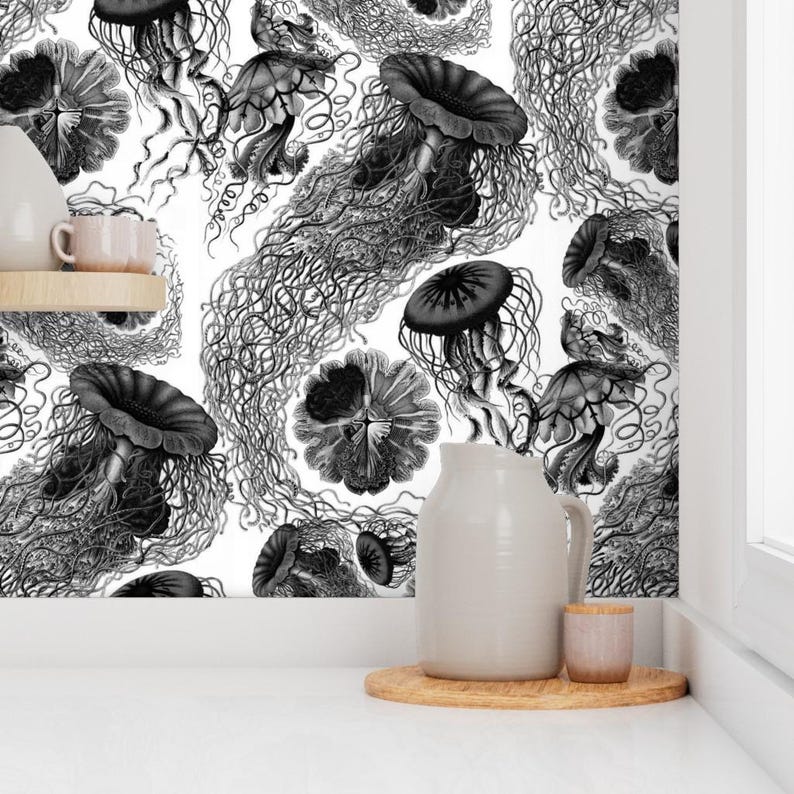 Sea Wallpaper - Jellyfish ~ Black White Swarm By Peacoquettedesigns - Custom Printed Removable Self Adhesive Wallpaper Roll by Spoonflower image 7