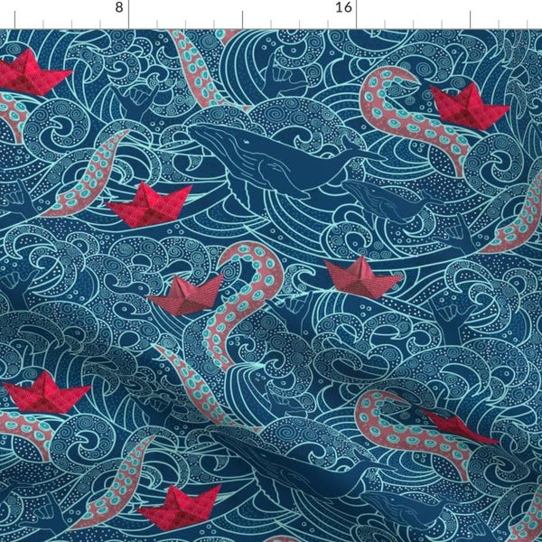 Octopus Fabric - Octopus Ocean Playground By Honoluludesigns - Blue Red Nautical Waves Sea Animal Cotton Fabric By The Yard With Spoonflower