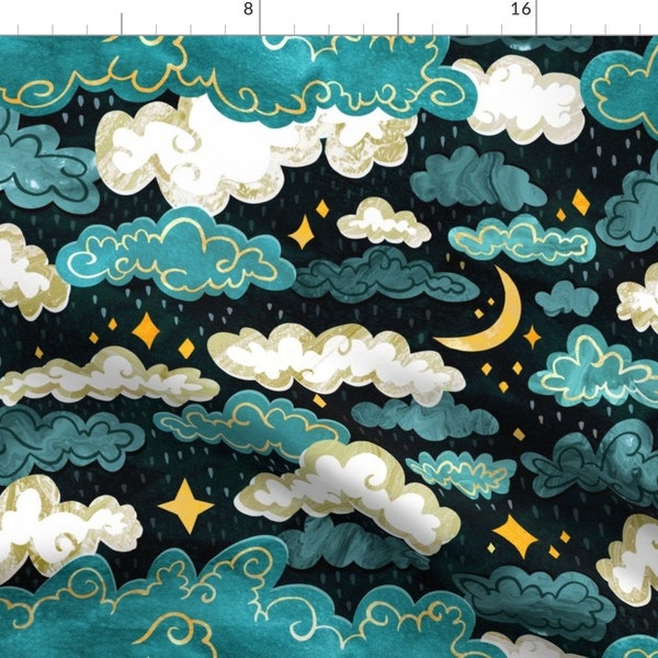 Weather Fabric - Midnight Rainclouds By Tigatiga - Blue Clouds Sky Moon Stars Rain Nursery Kids Cotton Fabric By The Yard With Spoonflower