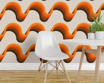 Retro Wallpaper - Ribbon Golden By Circa78designs - Retro Brown Orange Custom Printed Removable Self Adhesive Wallpaper Roll by Spoonflower