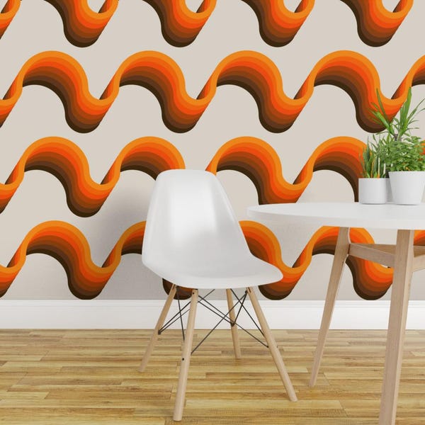 Retro Wallpaper - Ribbon Golden By Circa78designs - Retro Brown Orange Custom Printed Removable Self Adhesive Wallpaper Roll by Spoonflower