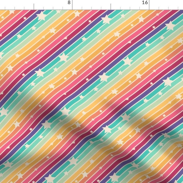 Vintage Rainbow Fabric - Rainbow Stripes With Stars By Roofdog Designs - Rainbow Kid's 1970s Cotton Fabric By The Yard With Spoonflower