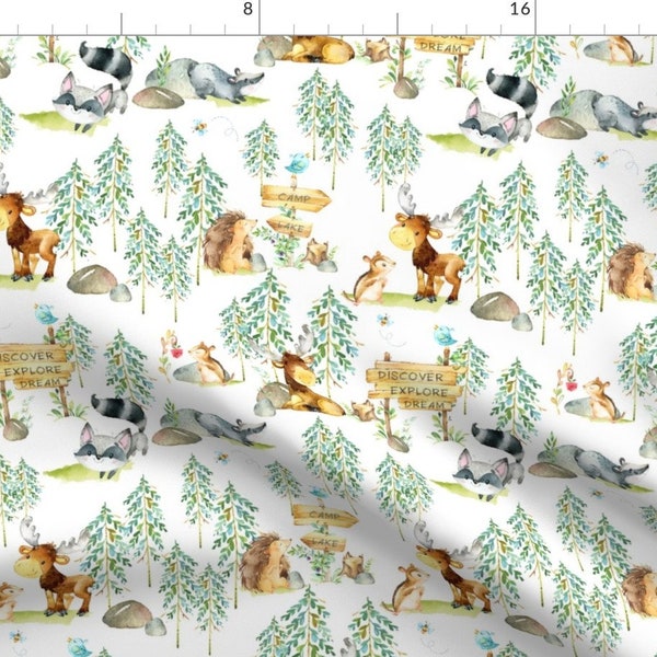 Woodland Animals Watercolor Fabric - Woodland Adventure - Moose Fox Deer Bear Hedgehog Squirrel Raccoon - Larger Scale By Gingerlous