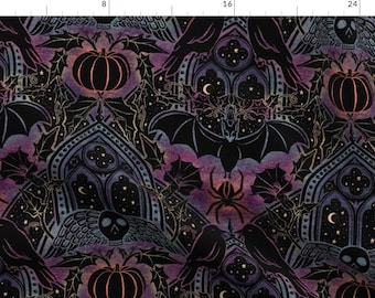Raven Fabric - Dark Gothic Large Scale by byre_wilde - Damask Spooky Bat Witch Skull Pumpkin Crescent Moon Fabric by the Yard by Spoonflower