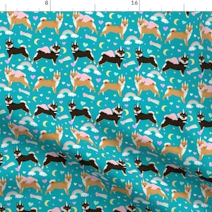 Magical Shiba Dog Fabric - Shiba Inu Dog Unicorn Rainbows Pastel Hearts Blue By Petfriendly - Dog Cotton Fabric by the Yard with Spoonflower